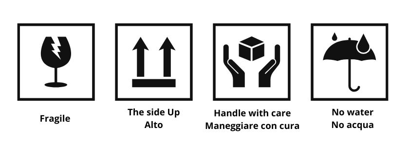 simboli internazionali per spedizioni fragile handle with care side up no water